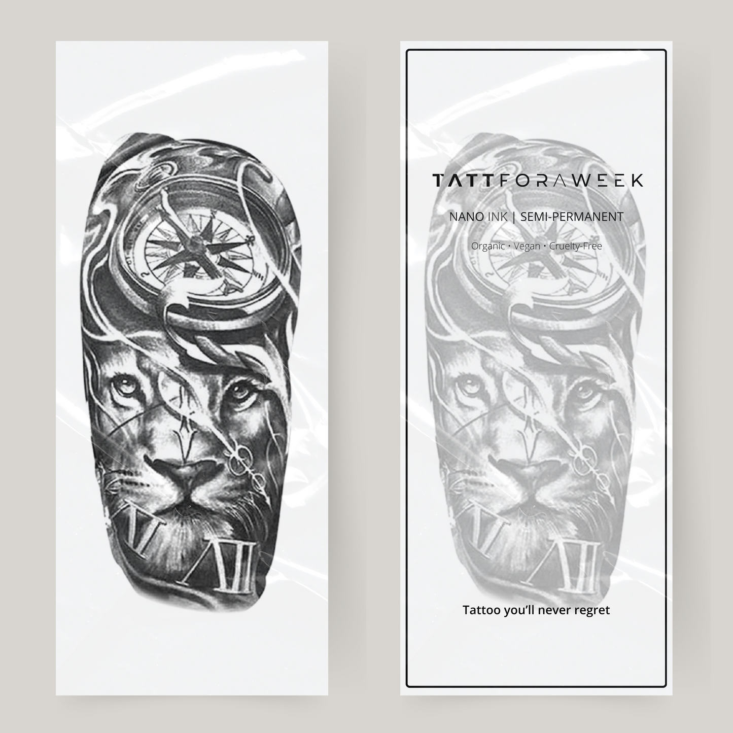 Nep tattoo sleeve leeuw en klok