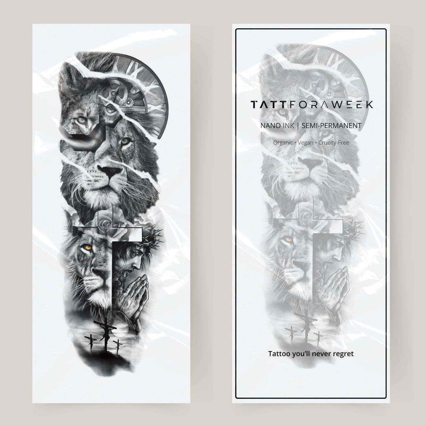 Nep tattoo sleeve leeuw, geloof en klok