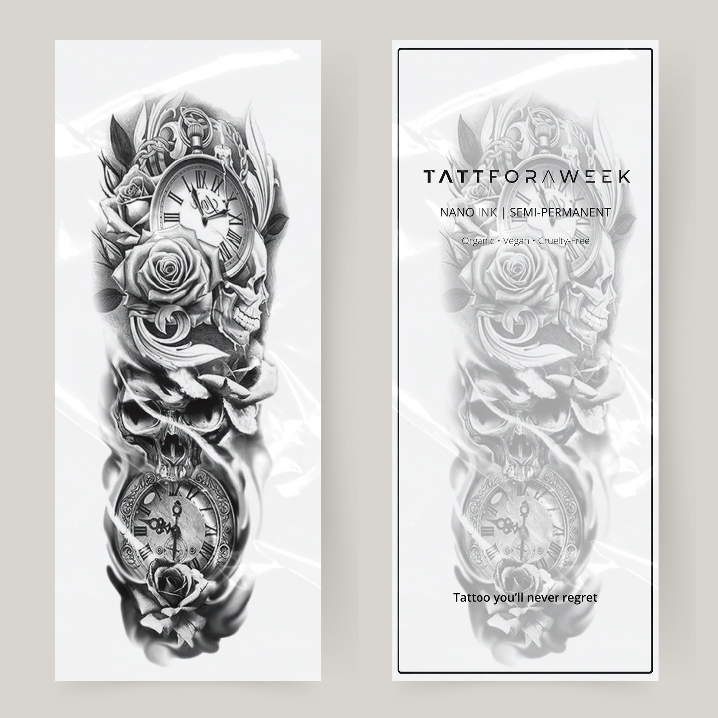 Nep tattoo sleeve rozen, doodskoppen & klokken