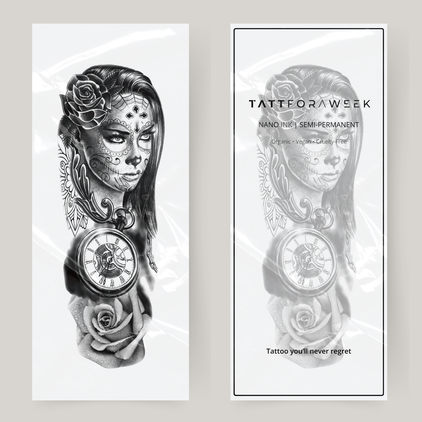 Nep tattoo sleeve vrouw & klok