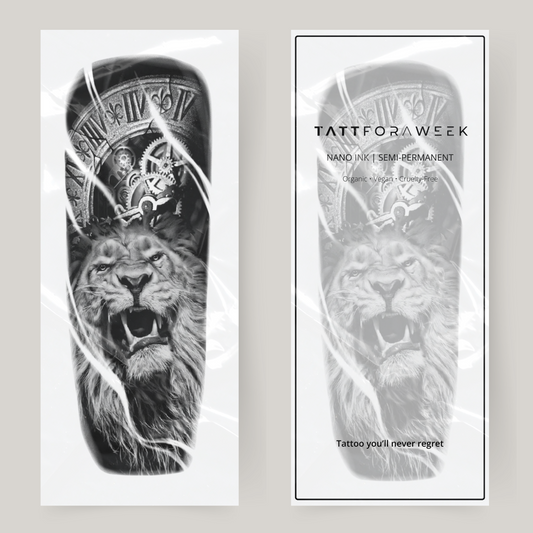 Nep tattoo sleeve brullende leeuw & klok